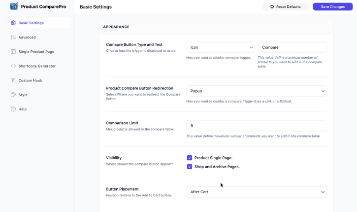 Product Compare Plugin Backend Screenshot 1