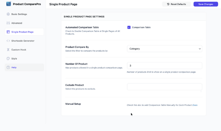 Product Compare Plugin Backend Screenshot 3