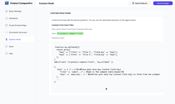Product Compare Plugin Backend Screenshot 5